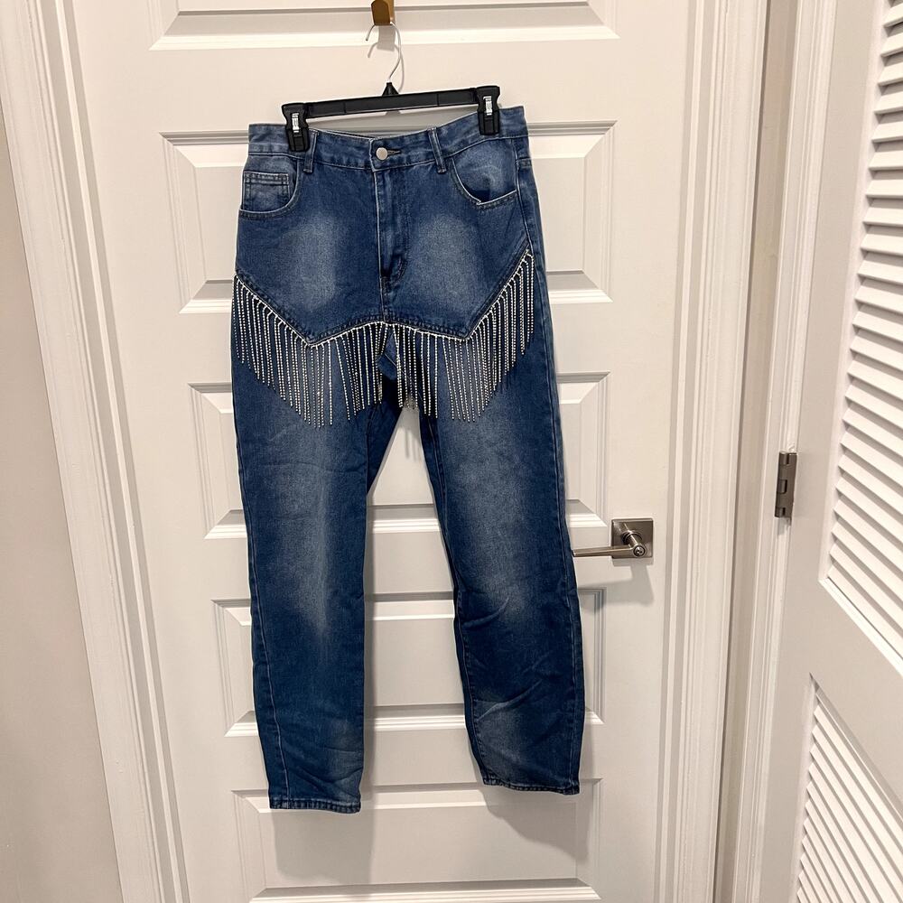SHEIN Dark Blue Flare Jeans with Silver Chain Fringe